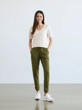 Athleta Oatmeal Heather TENCEL Modal Short Sleeve Sweatshirt Top L V-Neck SOFT